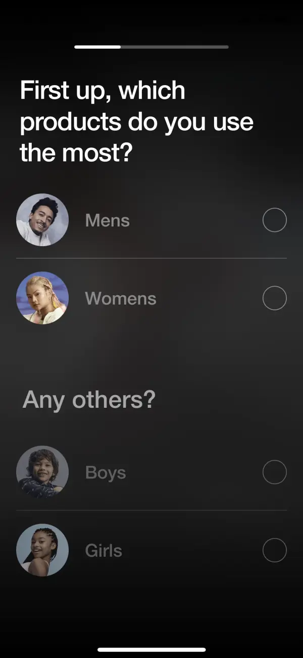 Onboarding preference picker, Trace (iOS sample screen)