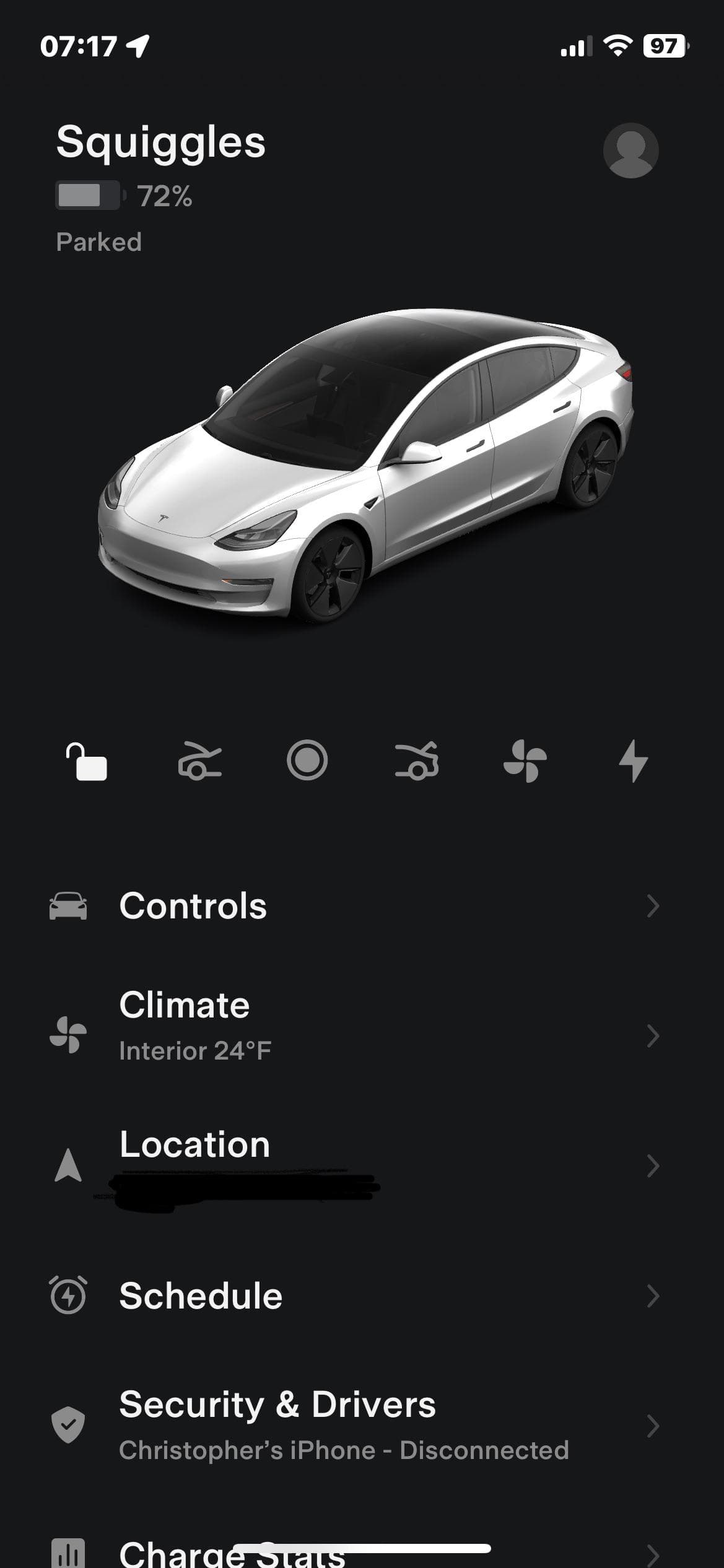 Connected vehicle dashboard, Voltra (iOS sample screen)