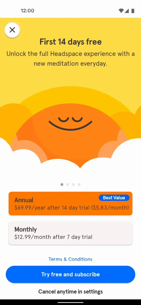 Free-trial subscription paywall, Stillwell (iOS sample screen)