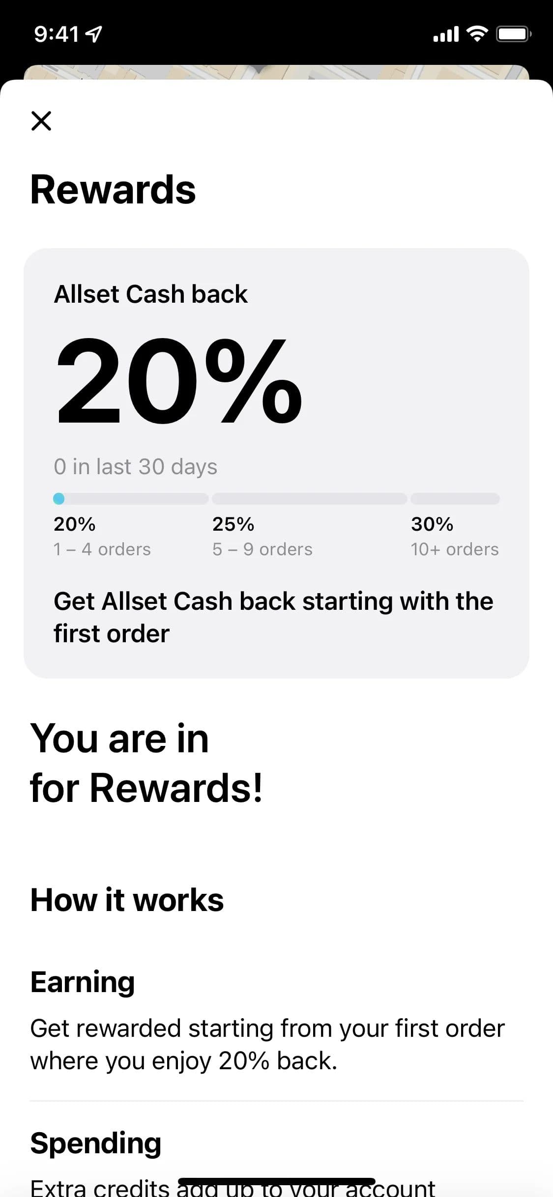 Cash-back rewards detail, Tally (iOS sample screen)