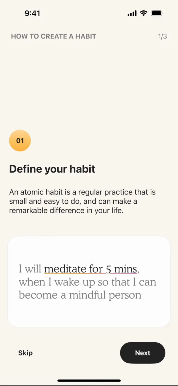 Habit setup wizard step, Halo (iOS sample screen)