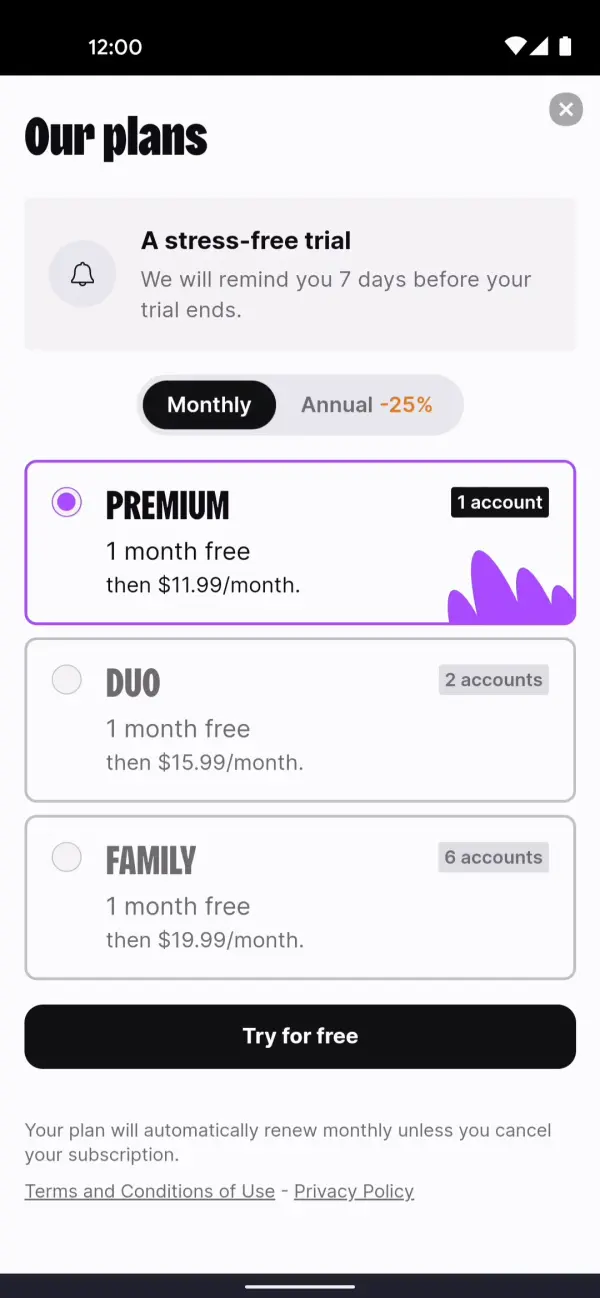 Choose a plan paywall, Halo (iOS sample screen)
