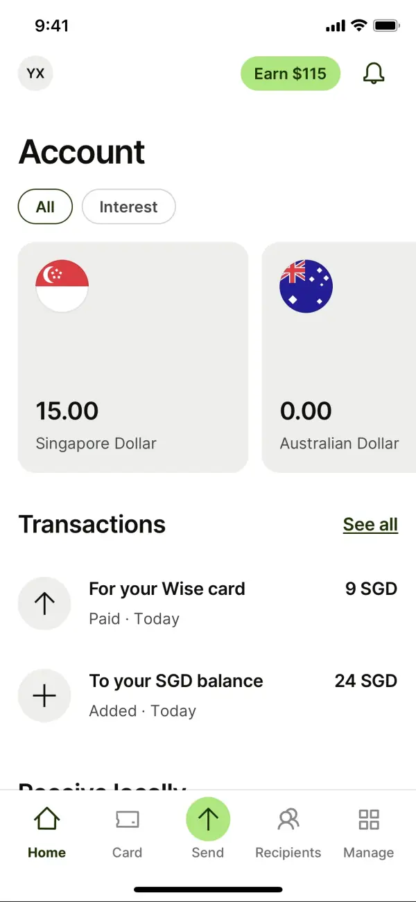 Multi-currency account home, Currents (iOS sample screen)