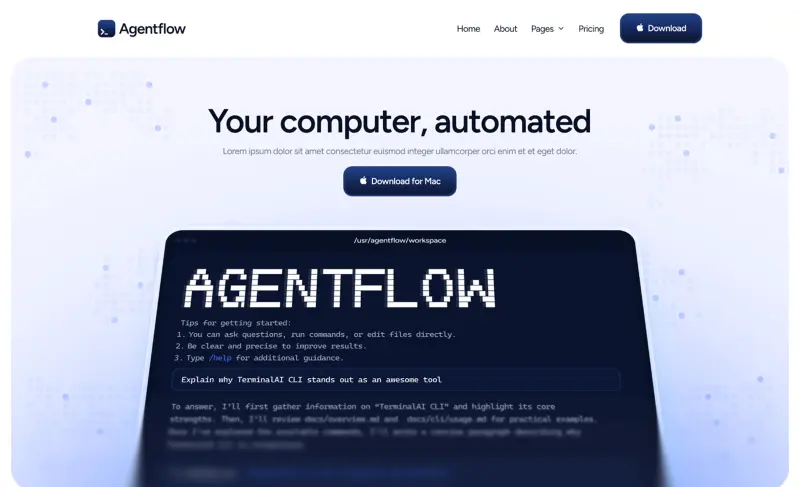 Developer product landing hero, Agentflow (Web sample screen)