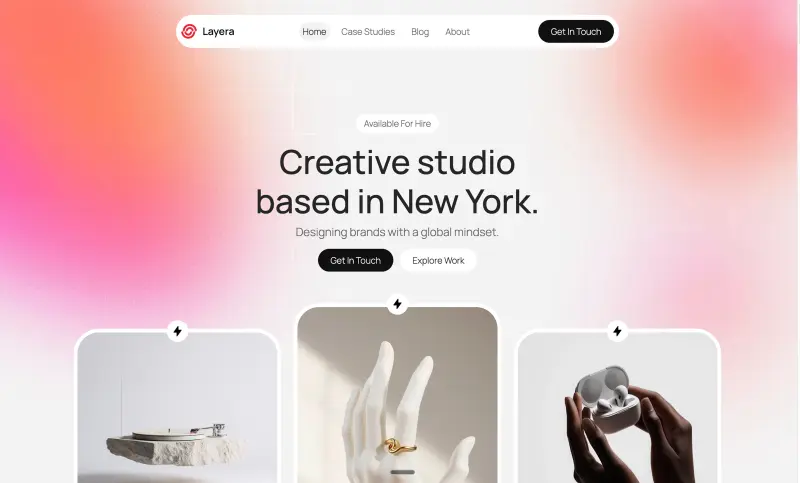 Creative studio landing with work grid, Layera (Web sample screen)