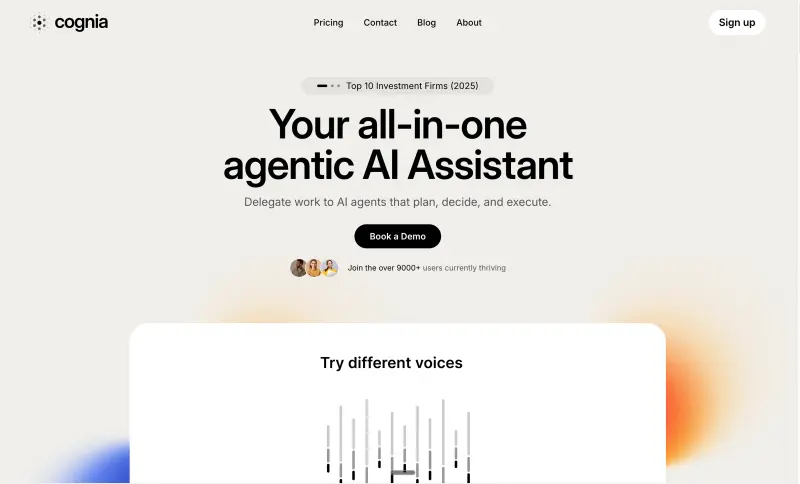 AI assistant landing with demo panel, Cognia (Web sample screen)
