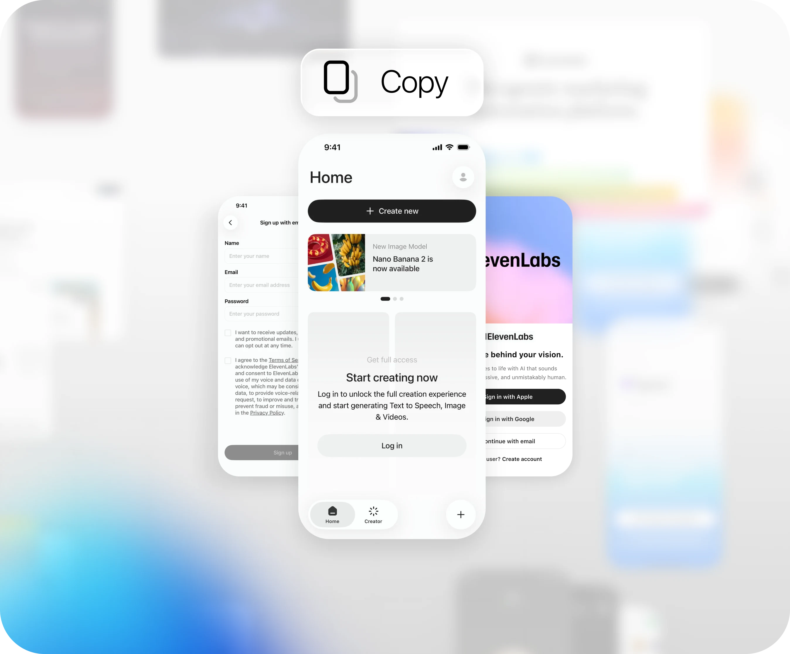 Real app screens being copied out of the Flaude library, with a Copy button