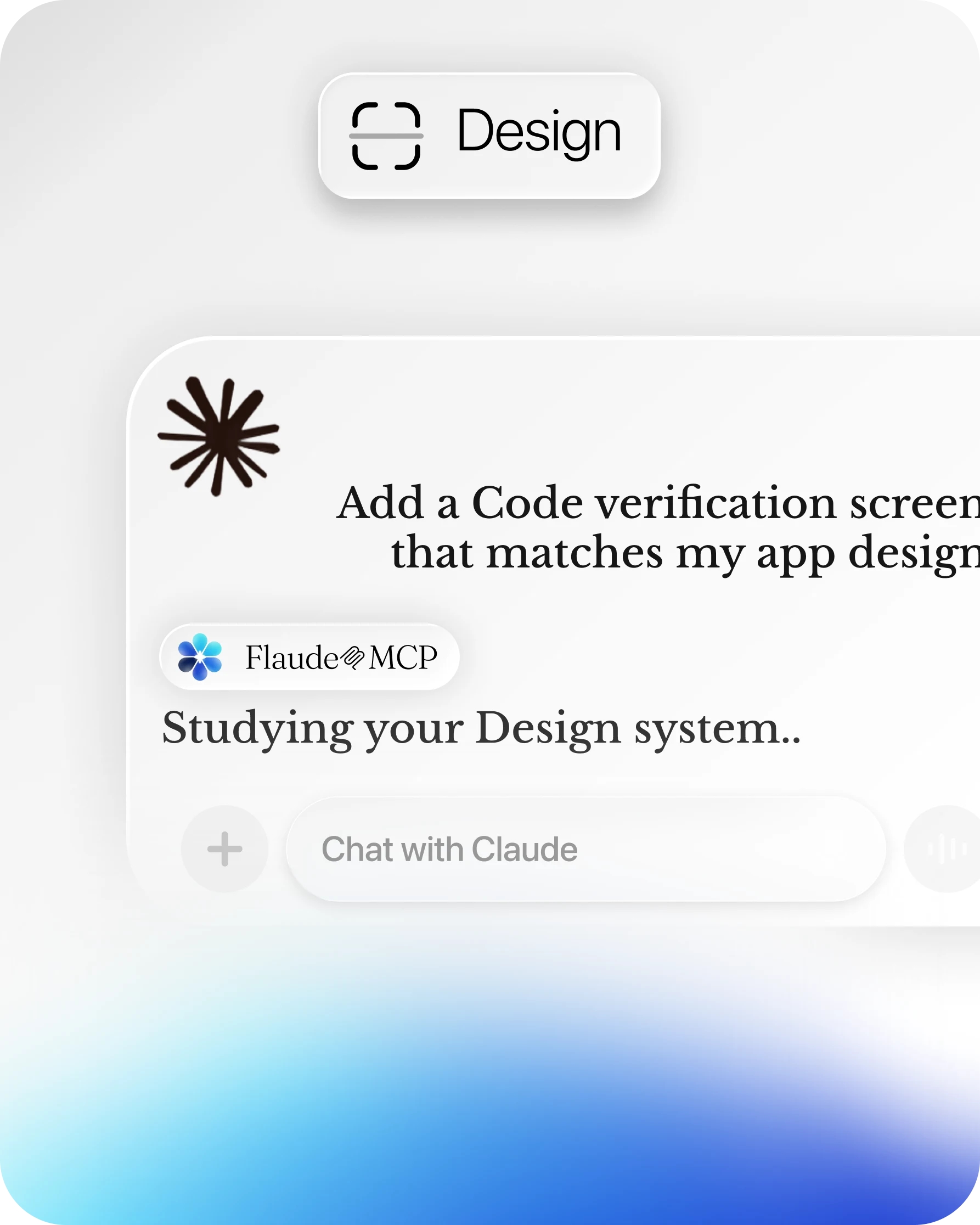 The Flaude MCP chat asking Claude to add a code-verification screen that matches the app design